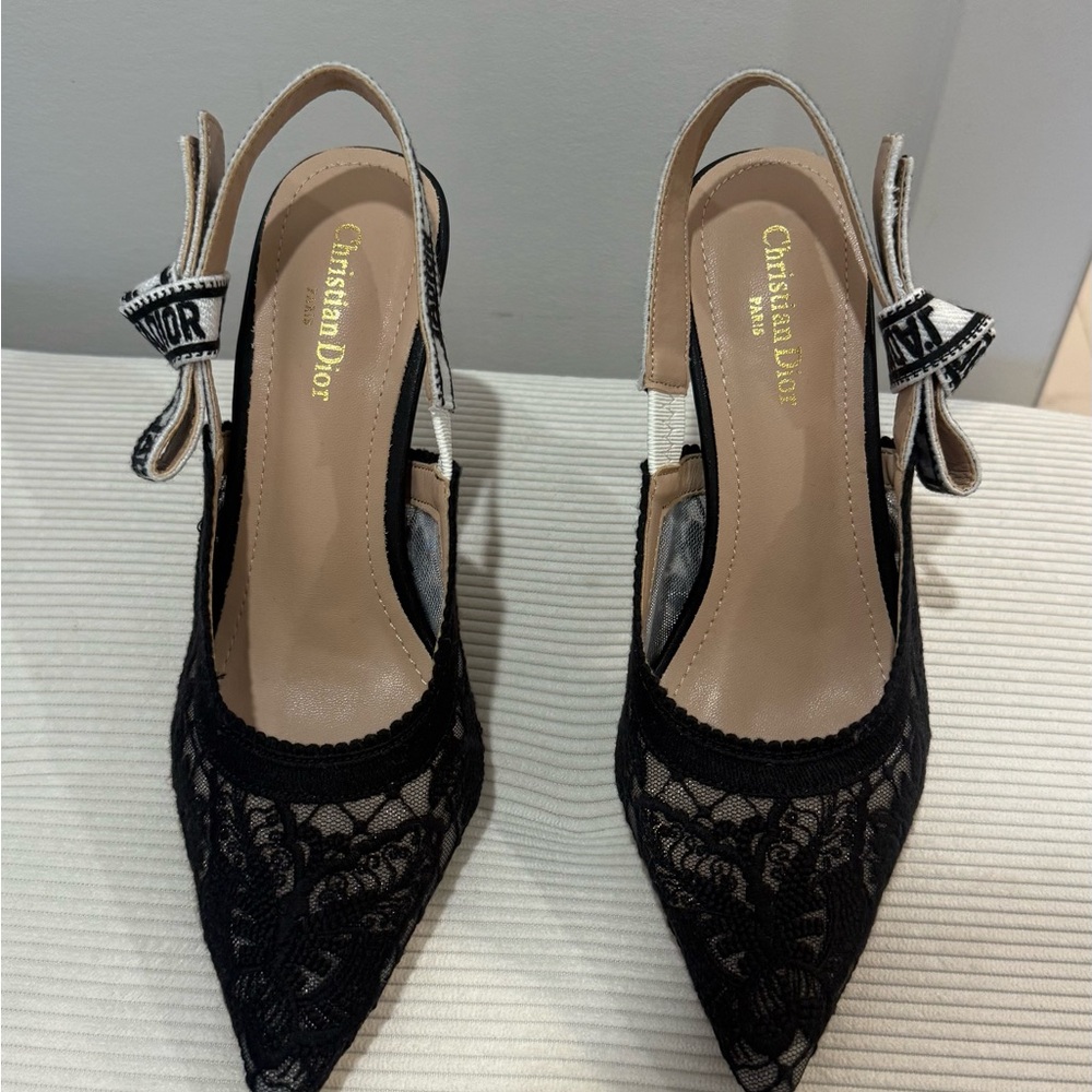 Dior Black Lace Heels with Bow Accent